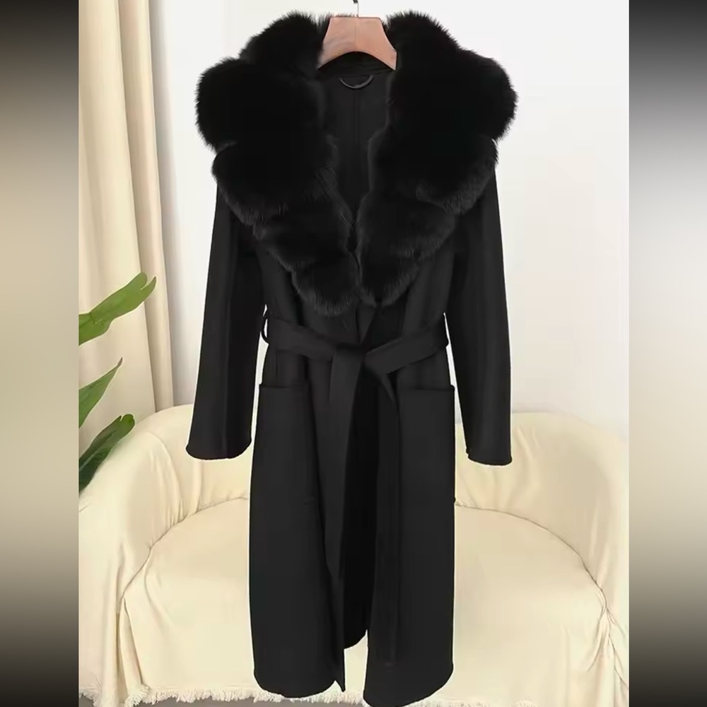 NWOT Long Fox Fur Wool Collar Jacket/Coat in Black